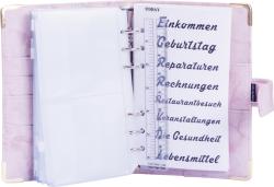 Lila marmoriertes Cover mit einem Verschluss. Es hat eine elegante, glatte Oberfläche.