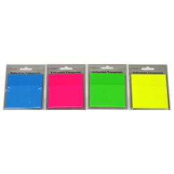 Vier Packungen mit transparenten Haftnotizen. Farben: Blau, Pink, Grün, Gelb. Jede Packung enthält eine gleichfarbige Haftnotiz.