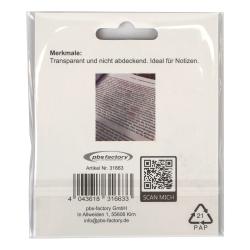 Verpackung für transparente Notizzettel. Merkmale: nicht abdeckend, ideal für Notizen. QR-Code und Barcode auf der Rückseite.
