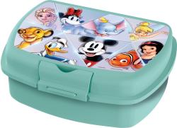 Bento-Box in mintgrün. Deckel mit Disney-Charakteren: Elsa, Mickey Mouse, Simba, Donald Duck, Dumbo, Tinkerbell, Schneewittchen, Nemo. Geometrisches Design.