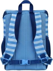 Blauer Rucksack mit Streifenmuster. Auf der Vorderseite ein niedliches Nilpferd-Motiv.