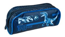 Federmäppchen mit Dinosaurier-Motiv. Hauptfarbe ist Blau, zeigt einen Velociraptor.
