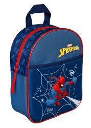 Rucksack in Blau mit Spiderman-Motiv. Roten Reißverschluss und Tragegriff oben.