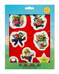 Stickerbogen mit verschiedenen Charakteren aus Super Mario. Bunte Figuren wie Mario, Luigi und Wario sind abgebildet.