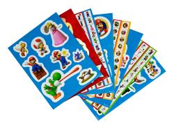 Stickerbogen mit verschiedenen Charakteren aus Super Mario. Bunte Figuren wie Mario, Luigi und Wario sind abgebildet.