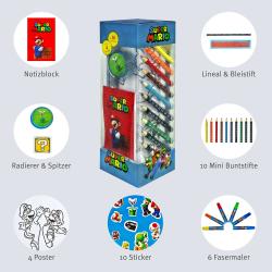 Set mit Buntstiften in verschiedenen Farben. Enthält ein Notizbuch mit Super Mario Motiv.