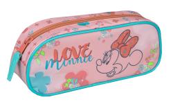 pinkfarbene Federmappe mit Blumenmuster. Abgebildet ist ein Cartoon-Charakter mit einer roten Schleife. Schriftzug 'LOVE MINNIE' in bunten Buchstaben.