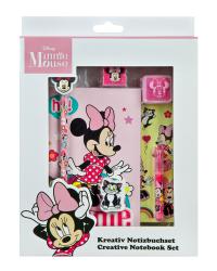 Set mit Notizbuch, Stiften und Radiergummi. Motive von Minnie Mouse und einem Kätzchen.