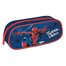 Bleistiftetui mit Spiderman-Motiv. Blau mit roten Akzenten und dem Schriftzug 'Super Hero'.