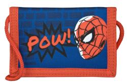 Kleine Geldbörse mit Spiderman-Motiv. Hintergrund in Blau mit rotem Rand und dem Wort 'POW!'.