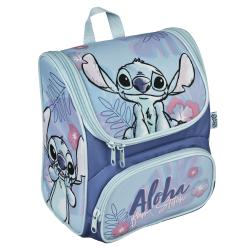 Rucksack in hellblau mit bunten Pflanzenmotiven. Abgebildet ist ein Charakter mit großen Ohren und Augen. Zwei Fächer mit Reißverschluss.
