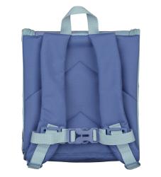Rucksack in hellblau mit bunten Pflanzenmotiven. Abgebildet ist ein Charakter mit großen Ohren und Augen. Zwei Fächer mit Reißverschluss.