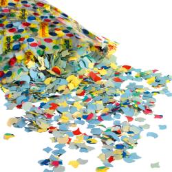 Tüte mit buntem Konfetti in verschiedenen Farben. Konfetti liegt verstreut auf einer weißen Fläche.