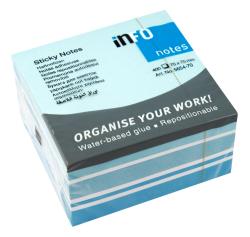 Packung mit blauen Haftnotizen. Größe 75 x 75 mm, wasserbasierter Kleber.