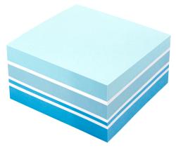 Packung mit blauen Haftnotizen. Größe 75 x 75 mm, wasserbasierter Kleber.