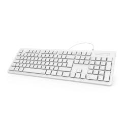 Weißes Tastatur-Design mit flachen Tasten. Kabelgebunden, schlicht und modern.