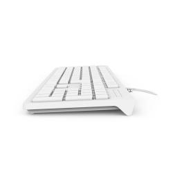 Weißes Tastatur-Design mit flachen Tasten. Kabelgebunden, schlicht und modern.