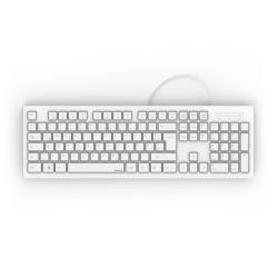 Weißes Tastatur-Design mit flachen Tasten. Kabelgebunden, schlicht und modern.