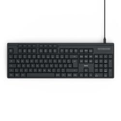 schwarze Tastatur mit Kabel. Flache Tastenanordnung ohne besondere Merkmale.