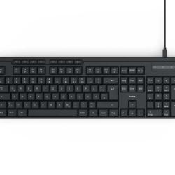 schwarze Tastatur mit Kabel. Flache Tastenanordnung ohne besondere Merkmale.