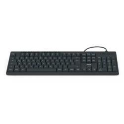 schwarze Tastatur mit Kabel. Flache Tastenanordnung ohne besondere Merkmale.