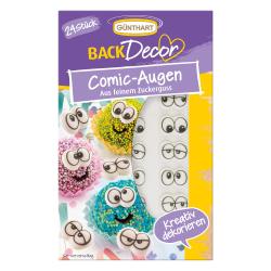 Verpackung mit 24 Comic-Augen aus Zuckerguss. Bunte Muffins mit Augen. Kreative Dekoration.
