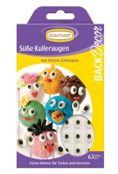 Verpackung mit bunten Zuckeraugen für Dekoration. Enthält verschiedene Figuren mit lustigen Gesichtern.