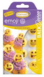 Verpackung mit 15 essbaren Emoji-Dekoren aus Zucker. Bunte Gesichter auf kleinen runden Plättchen. Geeignet für Cupcakes oder Desserts.