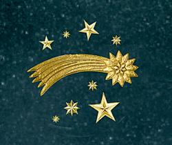 Goldene Stern- und Meteorschmuck mit Sternen, Sternschnuppen und einem Kometen. Auf dunklem Hintergrund.