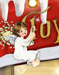 Junge mit kurzen braunen Haaren in weißem Gewand sitzt auf einer weißen Bank vor einem großen roten Geschenk mit goldener Aufschrift. Der Junge hat Flügel und hält einen Bogen in der Hand.