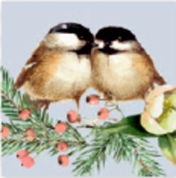 Zwei kleine Vögel sitzen eng beieinander auf Zweigen. Im Vordergrund sind grüne Zweige mit roten Beeren und eine halbe Zitrone sichtbar.