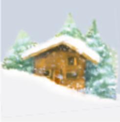 Holzhütte mit schneebedecktem Dach, umgeben von Tannenbäumen. Himmel ist grau, winterliche Szenerie.