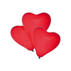 Drei rote Herzluftballons. Sie sind glänzend und haben eine typische Herzform.