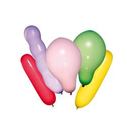 Fünf bunte Luftballons in verschiedenen Formen und Farben. Farben: rot, lila, pink, grün und gelb.