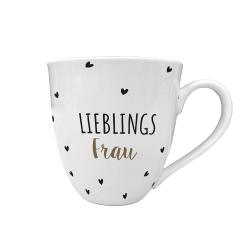 Weiße Tasse mit schwarzem und goldenem Aufdruck. Aufschrift: Liebling Frau, dekoriert mit kleinen Herzen.