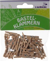 Packung mit kleinen Holzklammern. Ca. 40 Stück. Klammern mit Metallfedern. Verpackung mit grünem Hintergrund und Bastelmotiven.