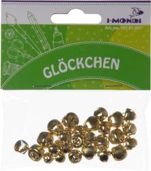 Packung mit goldenen Glöckchen. Verschiedene Größen, glänzende Oberfläche.