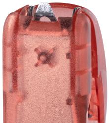 Transparenter, roter Tacker. Metallische Klammeröffnung oben.