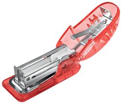 Roter Hefter mit transparentem Gehäuse. Metallische Klammermechanik sichtbar.