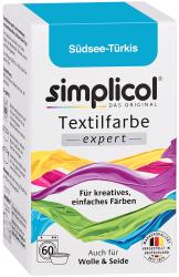 Verpackung für Textilfarbe in der Farbe Südee-Türkis. Bunte Farbstränge auf der Vorderseite.