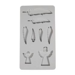 Silicon-Gießform für Engel und Flügel. Enthält verschiedene Formen. Verpackung zeigt Beispiele der gegossenen Figuren. Farben: Weiß, Gold, Silber.