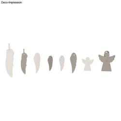 Silicon-Gießform für Engel und Flügel. Enthält verschiedene Formen. Verpackung zeigt Beispiele der gegossenen Figuren. Farben: Weiß, Gold, Silber.