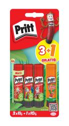 Pritt Klebestift Set. Vier Stifte: drei rote (je 11g) und ein orangefarbener (10g). Verpackung mit Dschungelmotiv. 3+1 Gratis Angebot.