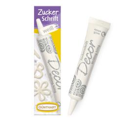 weißer Schreibguss in einer Tube. Verpackung mit lila und gelben Elementen. Geeignet zum Dekorieren von Backwaren.