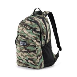 Grüne Camouflage-Rucksack von Puma. Zwei Hauptfächer und ein seitliches Netzfach.