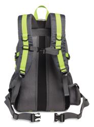 Schwarzer Rucksack mit grünen Akzenten. Er hat gepolsterte Träger und mehrere Fächer.
