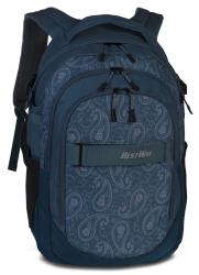 Dunkelblauer Rucksack mit Paisleymuster. Mehrere Fächer und gepolsterte Träger.