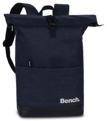 Dunkelblauer Rucksack mit Rolltop-Verschluss. Logo 'Bench.' in weiß. Gepolsterte Schulterriemen.