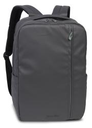 Grauer Rucksack mit zwei Schulterriemen. Er hat eine glatte Oberfläche und einen Reißverschluss.