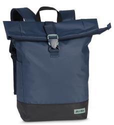 Dunkelblauer Rucksack mit Rollverschluss. Robustes Material, gepolsterte Schulterriemen. Kleines Fach auf der Vorderseite.